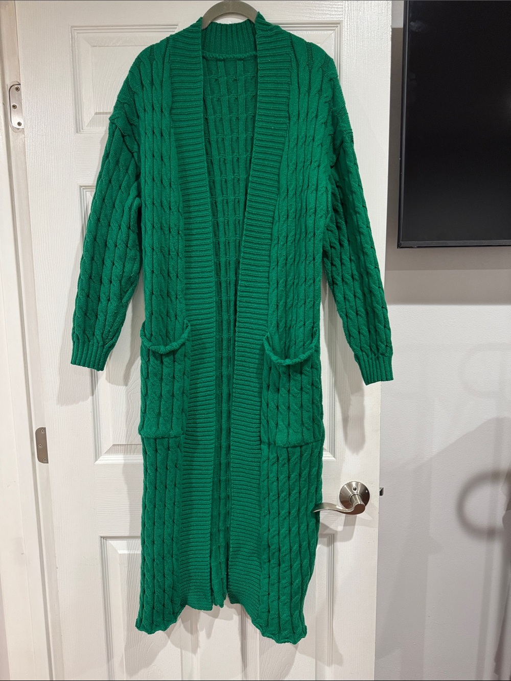 Long Green Cable-Knit Open Cardigan Sweater